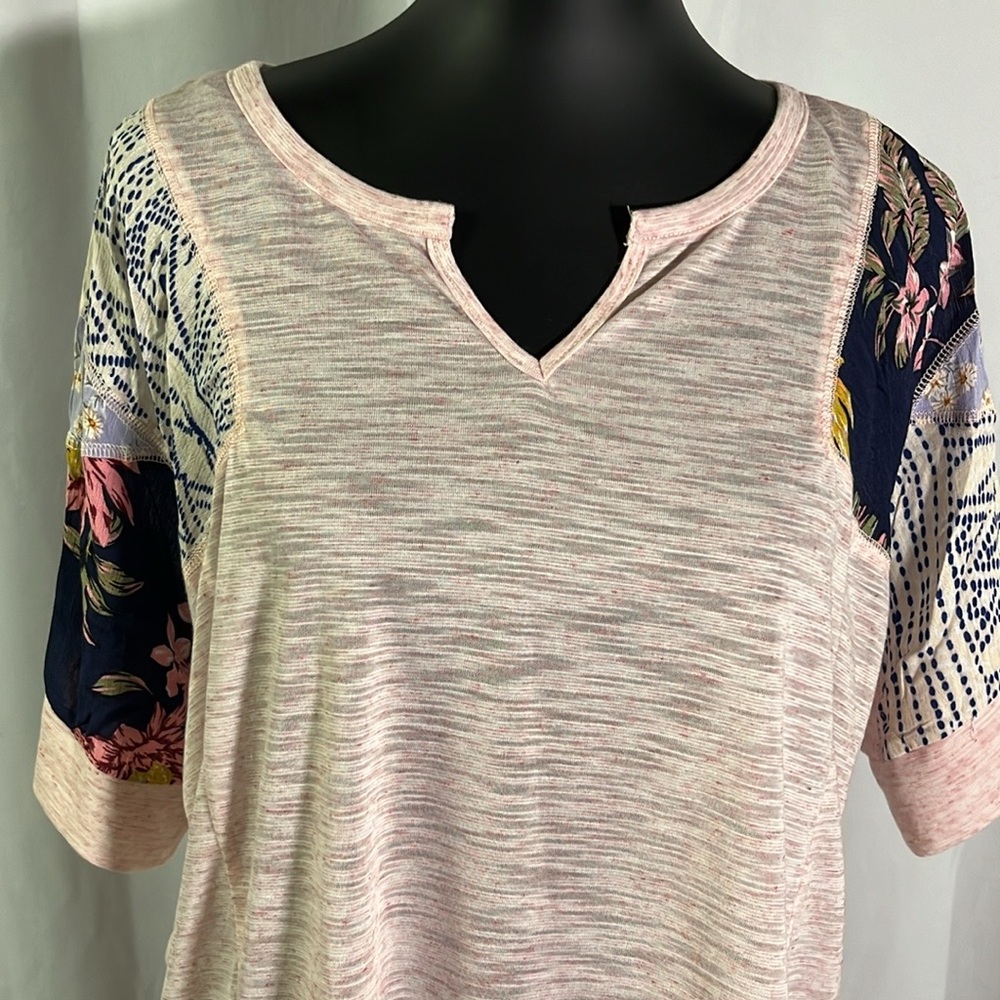 Kori Pink Space Dyed Patchwork Split Neck Oversized Short Sleeve Top - Picture 4 of 16